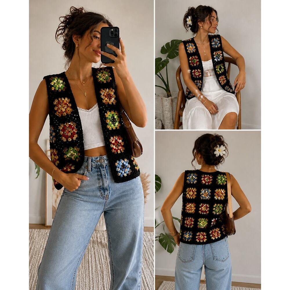 Vintage Crochet Granny Square Vest Boho Cottagecore Festival Knit M/L